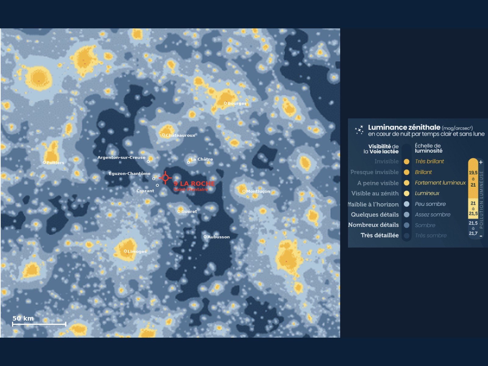 Carte de la pollution lumineuse du centre de la France : 9 La Roche est repéré à l'est du lac d'Éguzon, dans la zone la plus sombre de la vallée de la Creuse, loin des halos de Châteauroux, Bourges, Limoges et Montluçon