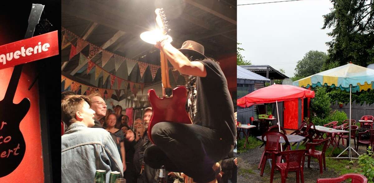 La p'Art-queterie : l'enseigne, un concert de blues sous les fanions, la terrasse sous la pluie